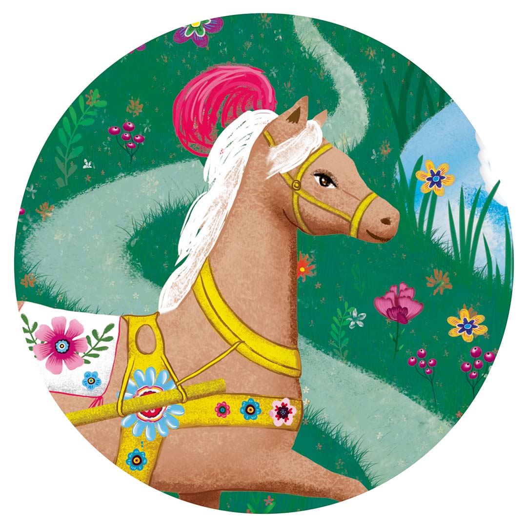 Detail van de puzzel met een bruin paard met roze pluim en bloemrijk tuig.