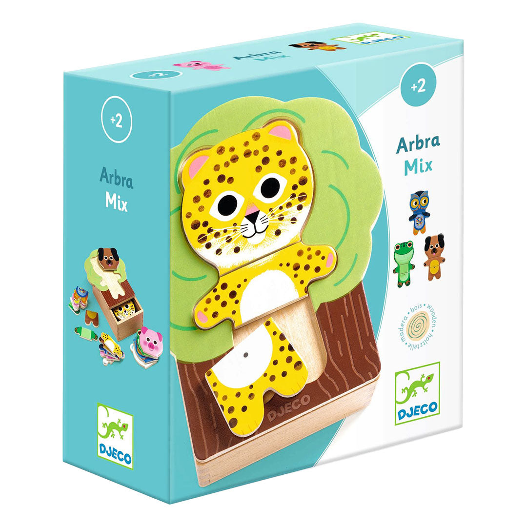 De verpakking van de Djeco Arbra Mix houten dierenpuzzel met een afbeelding van de luipaard in de boomdoos.