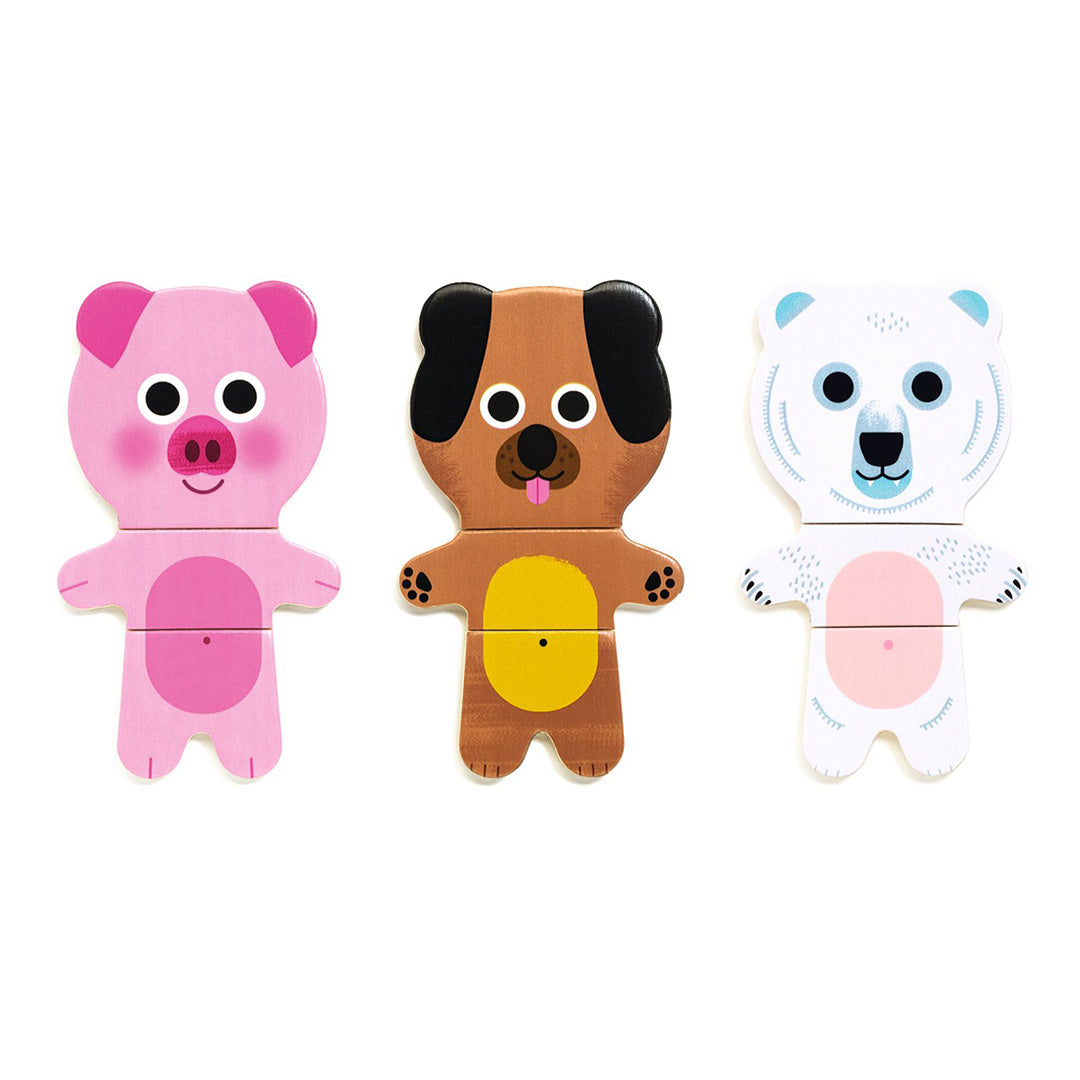 Drie complete Djeco houten dierenpuzzelfiguren van een varken, een hond en een ijsbeer.