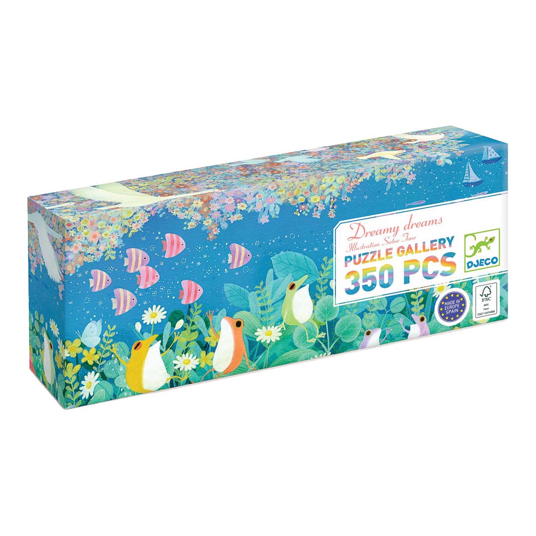 Djeco legpuzzel 'Dreamy Dreams' verpakking met een illustratie van een droomwereld vol vogels en vissen.