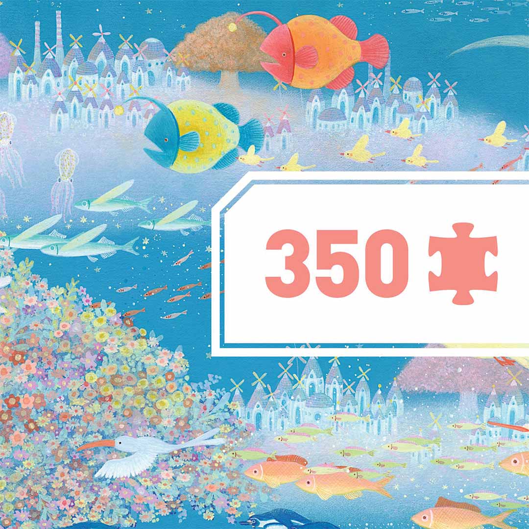 Infographic van de legpuzzel met een detail van de droomwereld en het aantal van 350 stukjes.