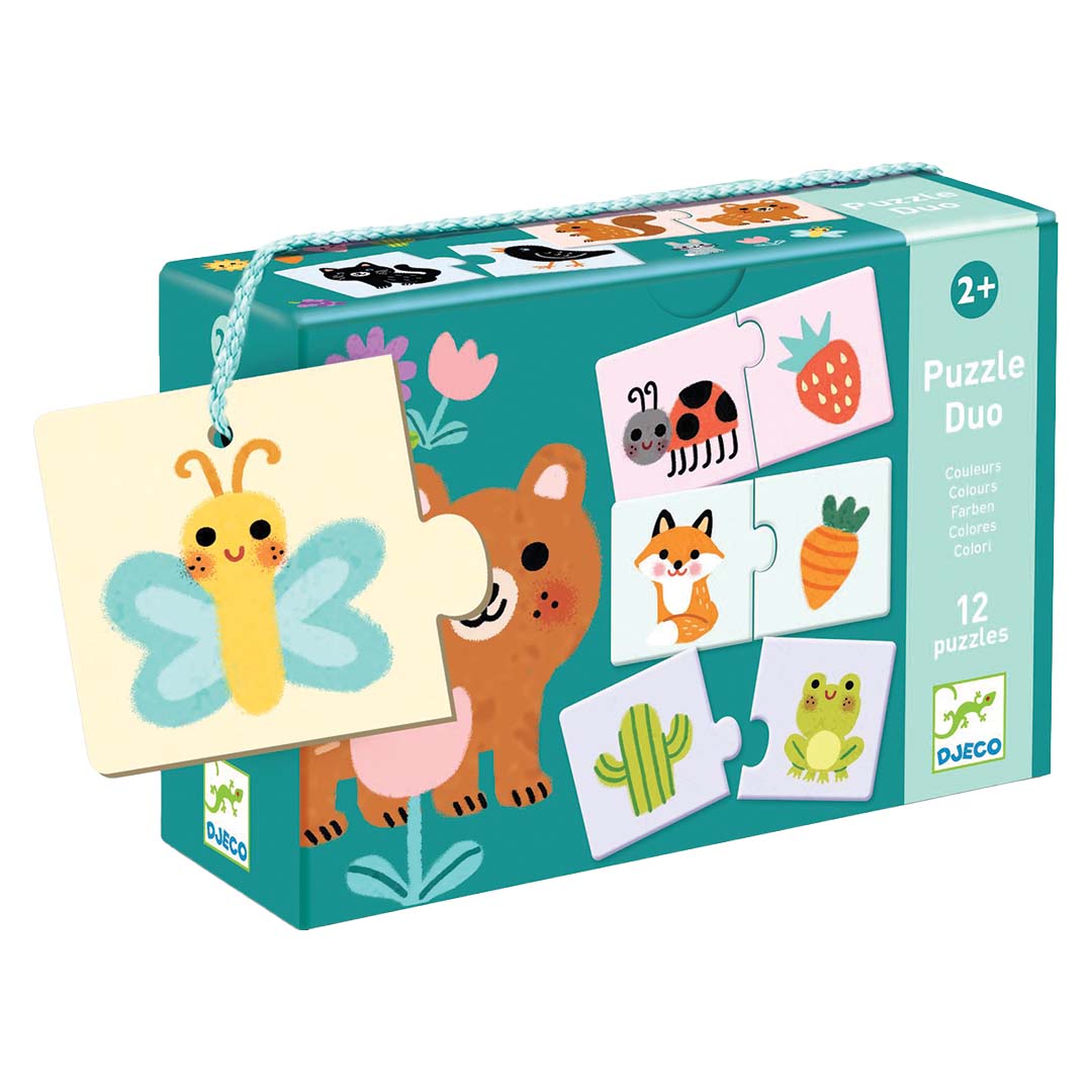 Djeco puzzel duo verpakking met een beer, bloemen en voorbeelden van dieren- en fruitpuzzelstukjes.
