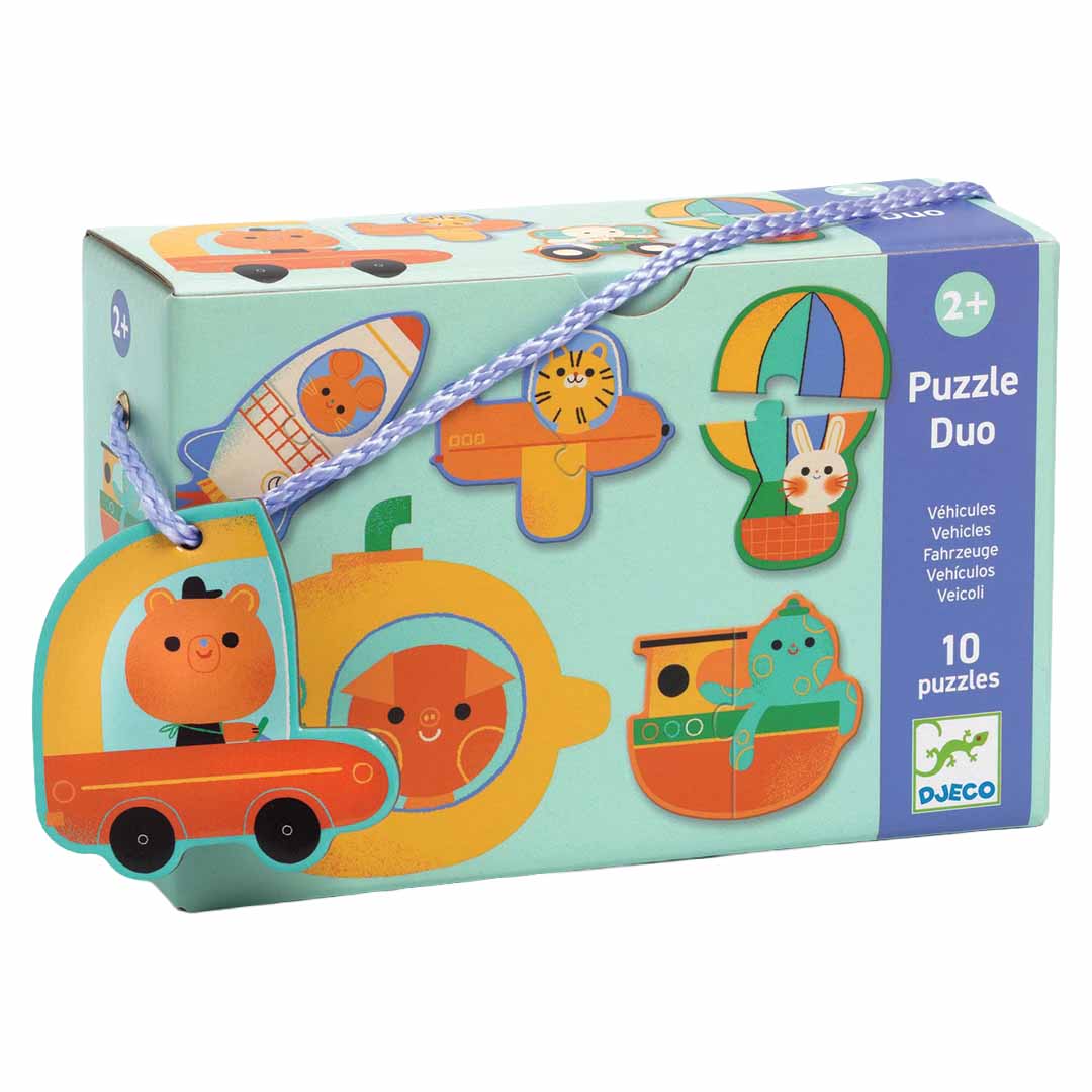Djeco Puzzle Duo voertuigen verpakking met een beer in een auto puzzelstuk eraan.