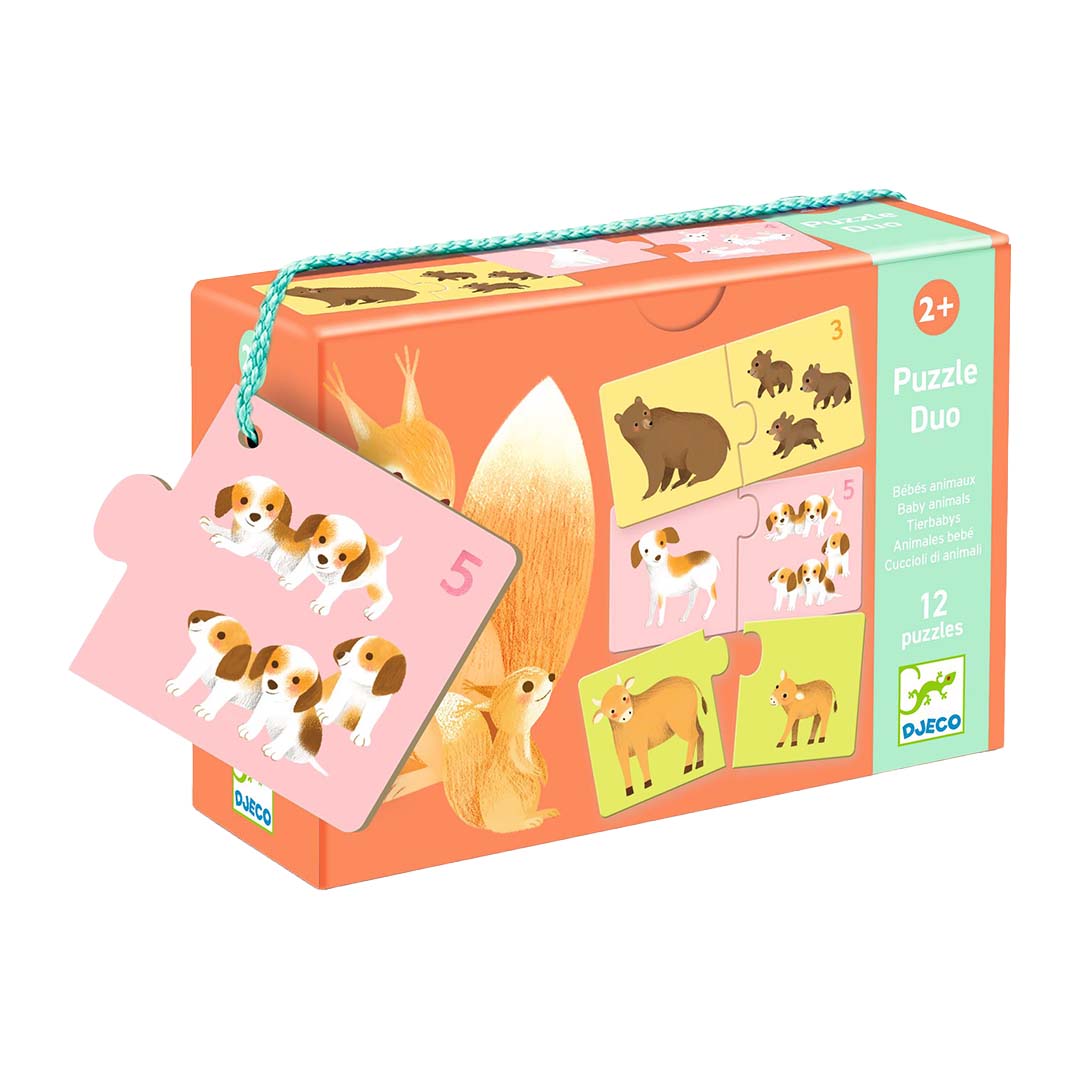 Djeco puzzel duo babydieren verpakking met een voorbeeld van de dierenpuzzelstukjes.
