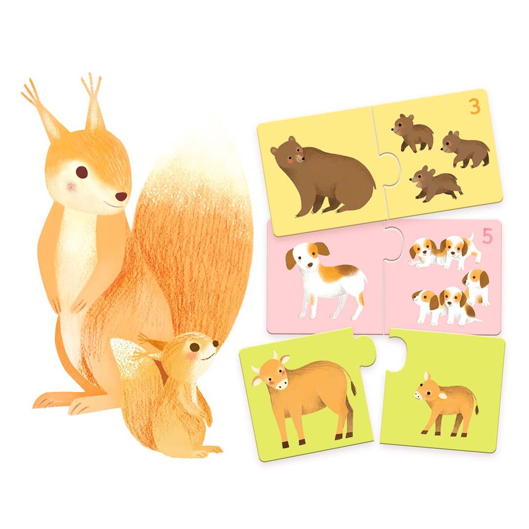 Illustratie van een eekhoorn met drie Djeco puzzel duo babydieren van een beer, hond en koe.
