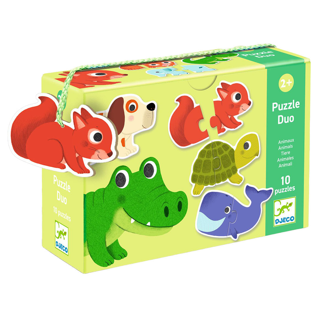 Djeco Puzzle Duo dieren legpuzzel verpakking met afbeeldingen van dieren.