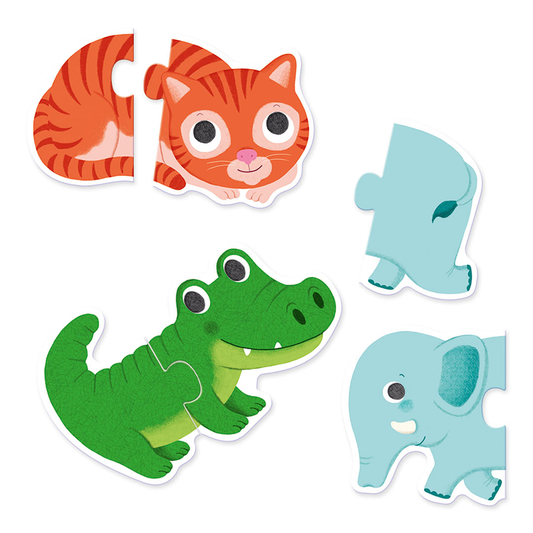 Detail van Djeco Puzzle Duo dieren legpuzzels met een complete krokodil en kat, en losse puzzelstukken van een olifant.