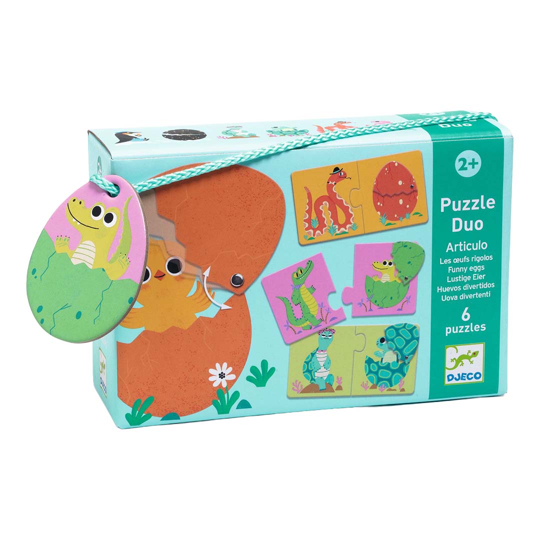 Djeco puzzel duo verpakking met voorbeelden van dieren die uit eieren komen.