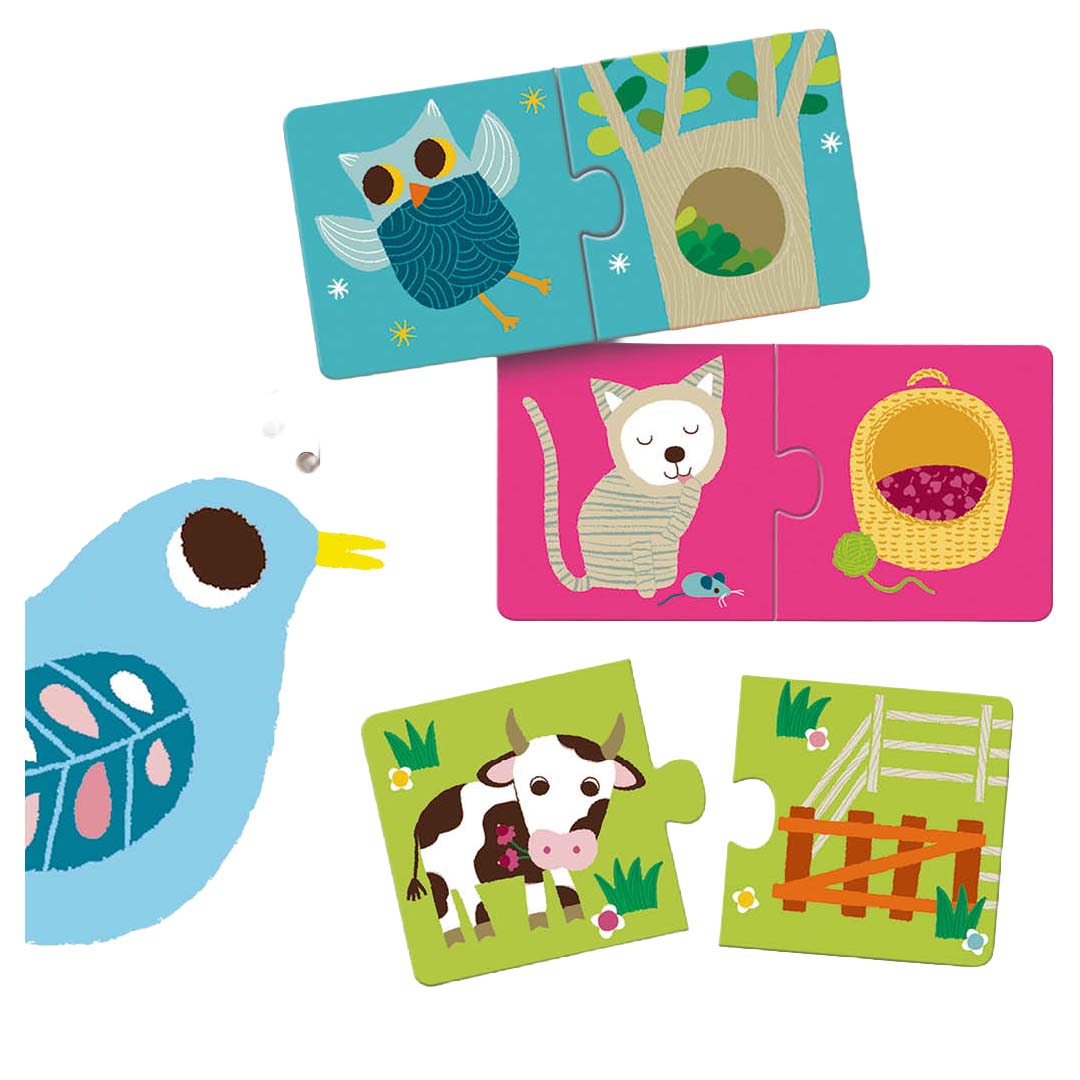 Drie Djeco puzzel duo's met een uil, een kat en een koe, en een deel van een blauwe vogel.