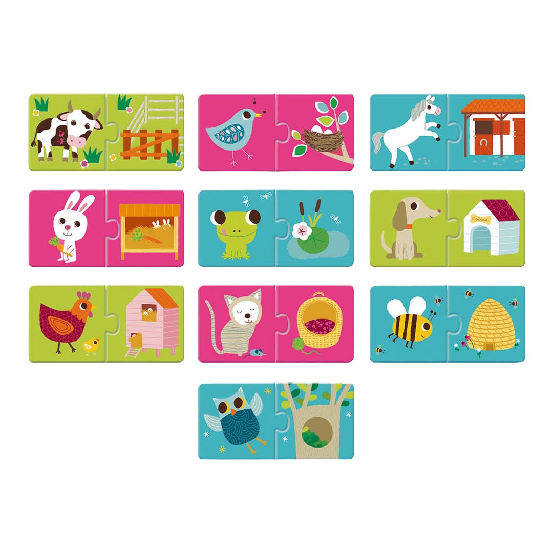 Tien Djeco puzzel duo's met verschillende dieren en hun leefomgeving.