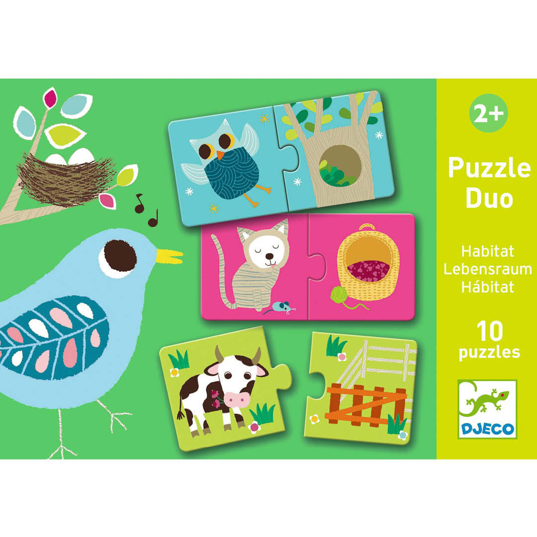 Djeco puzzel duo leefruimte verpakking met voorbeelden van dierenpuzzels.