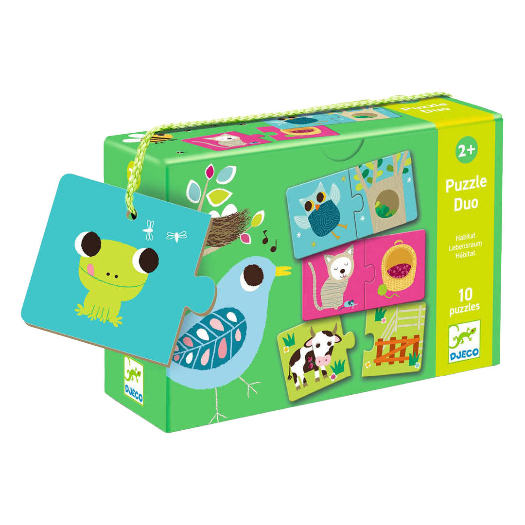 Djeco puzzel duo leefruimte verpakking met een kikker puzzelstukje aan een touwtje.