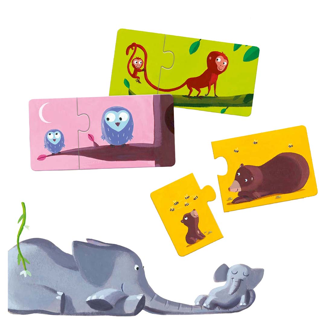 Vier Djeco mama & baby dieren legpuzzels, waaronder een aap, uil, beer en olifant, op een witte achtergrond.