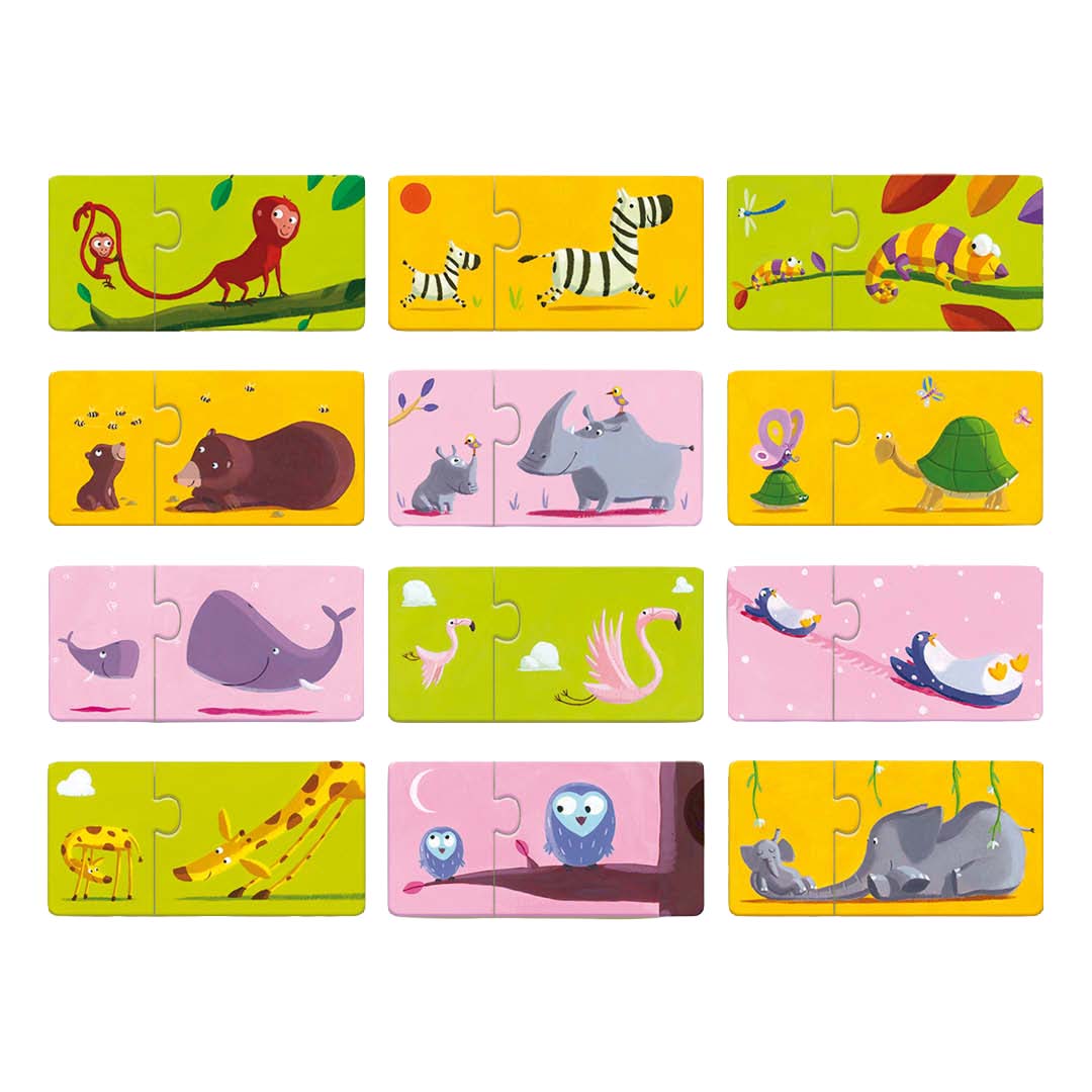 Alle twaalf Djeco mama & baby dieren legpuzzels met verschillende dierenparen, zoals een aap, zebra en olifant.
