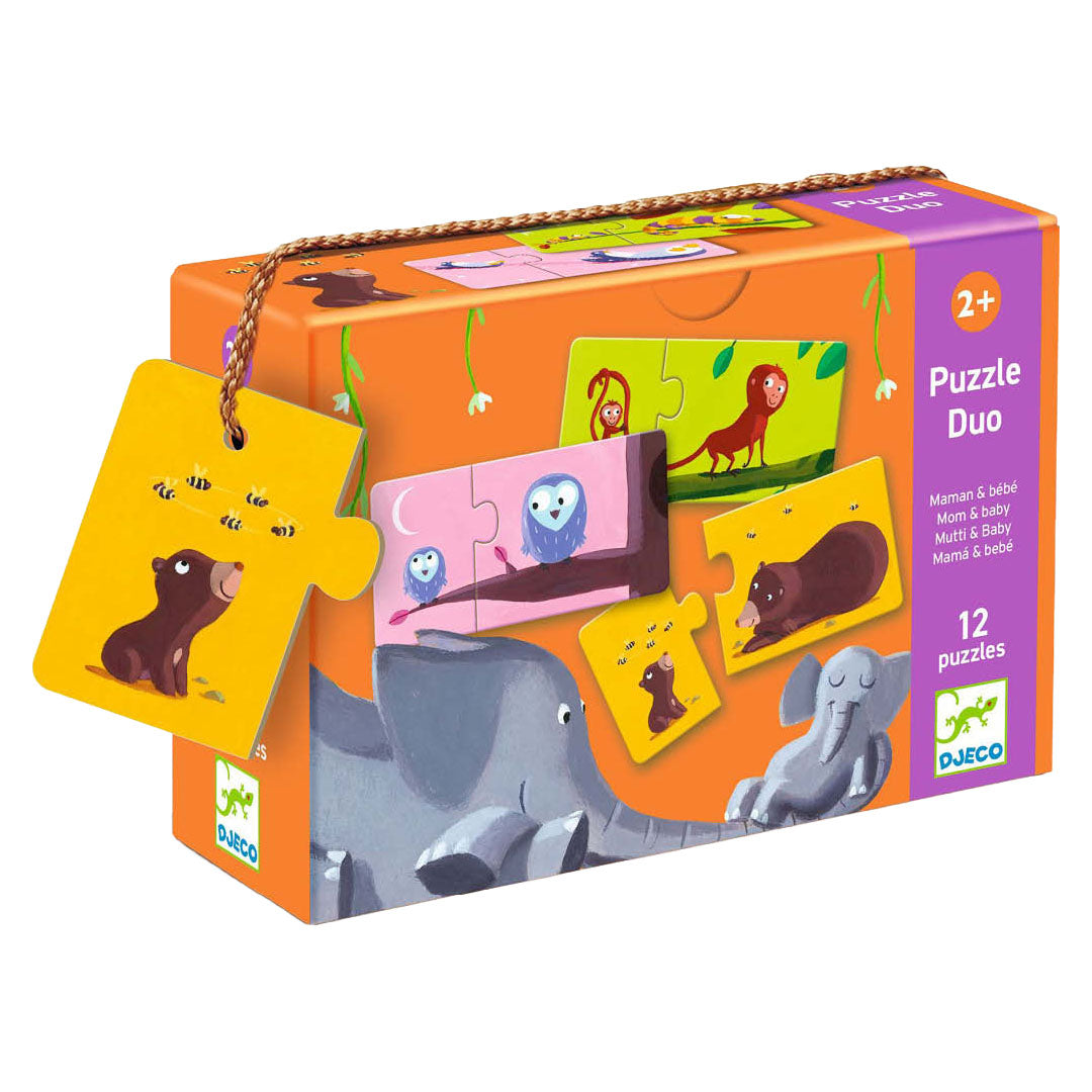 Djeco puzzel duo mama & baby verpakking met diverse dierenpuzzels.