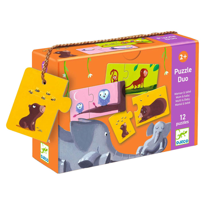 Djeco puzzel duo mama & baby verpakking met diverse dierenpuzzels.