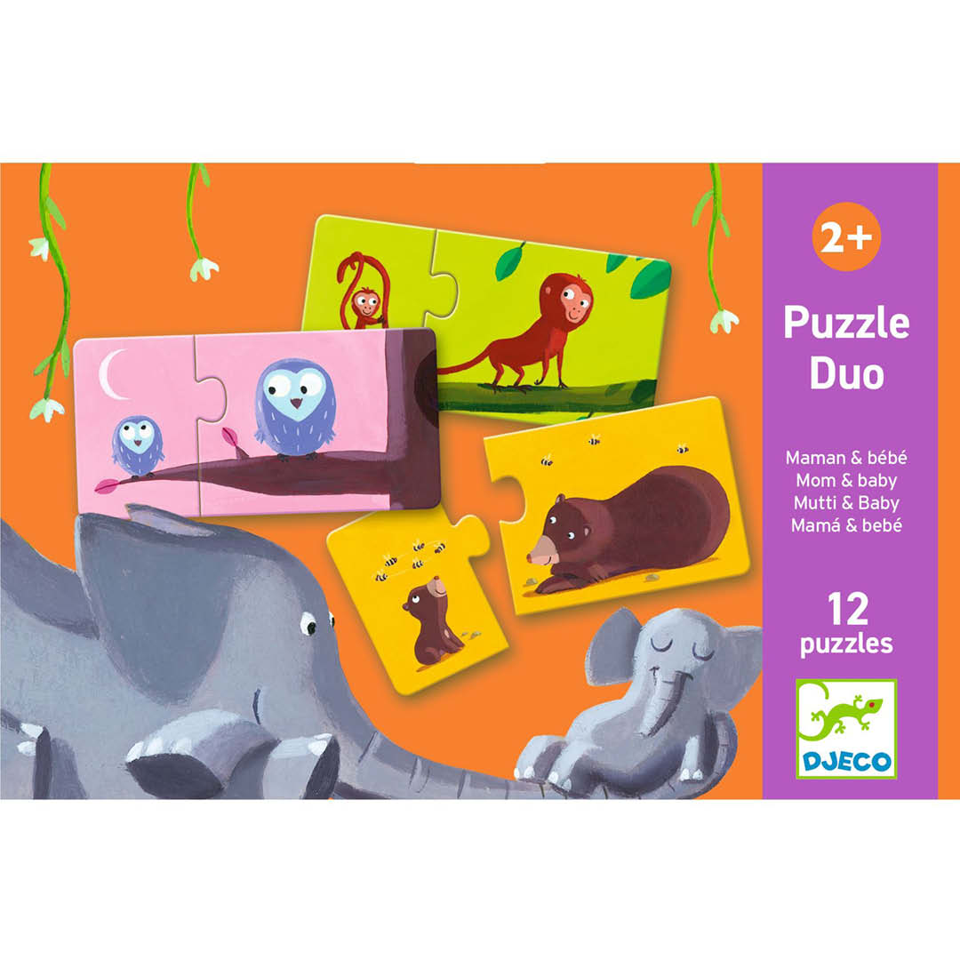 De voorkant van de Djeco puzzel duo mama & baby verpakking met voorbeelden van dierenpuzzels.
