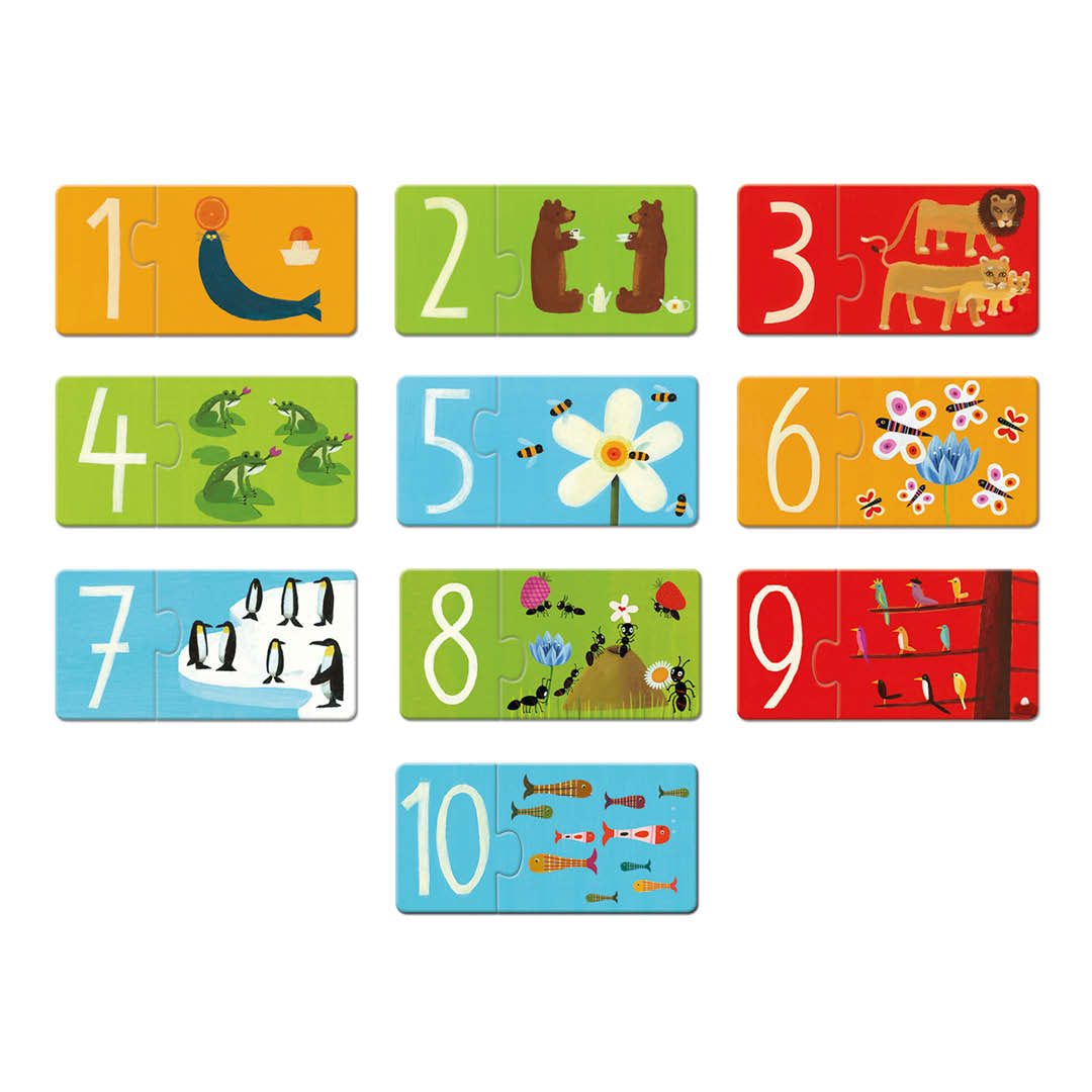 Alle tien Djeco puzzel duo nummers met dieren en objecten, van 1 tot en met 10.