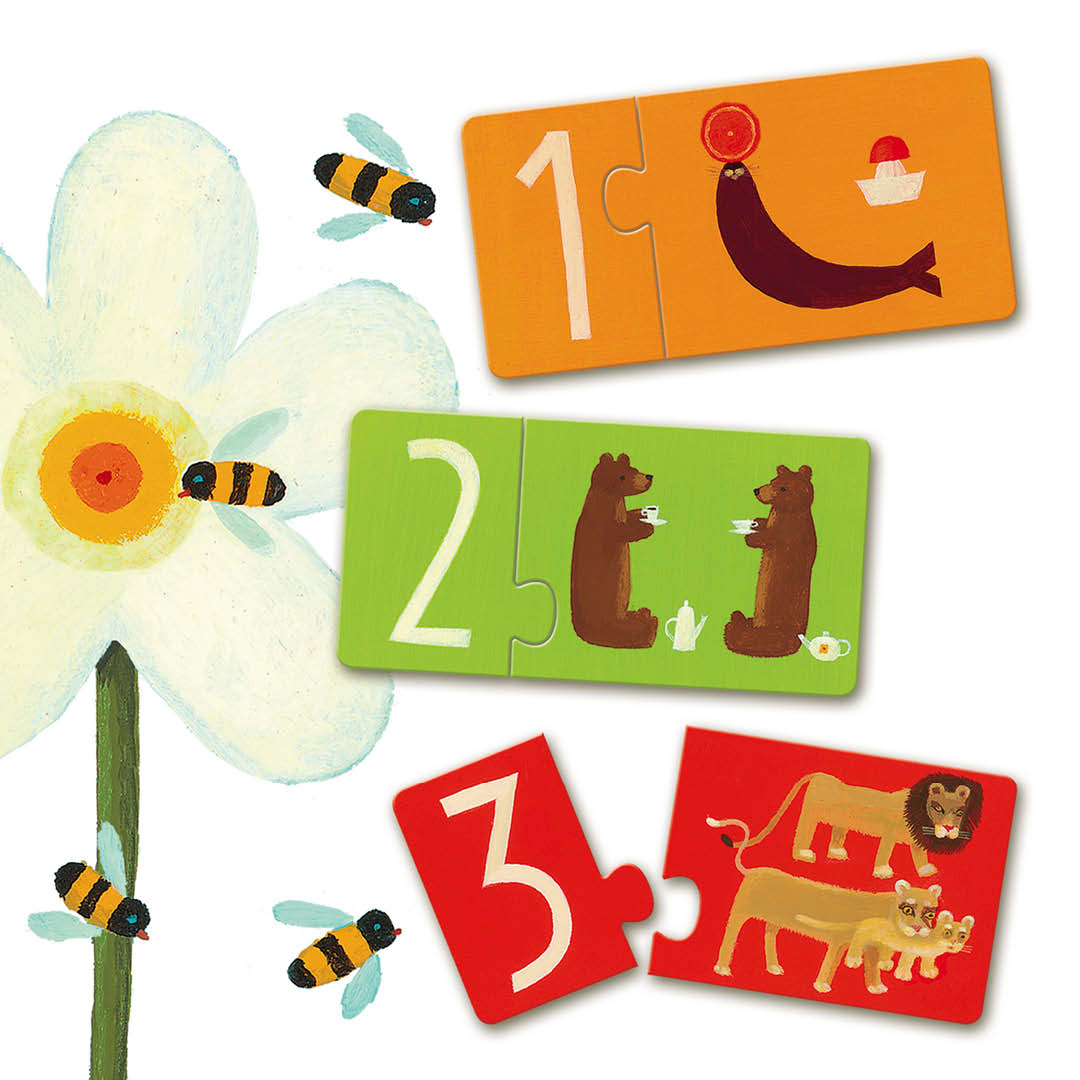 Detail van de Djeco puzzel duo nummers met een bloem, bijen en de puzzelstukken voor de nummers 1, 2 en 3.