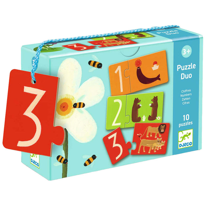 Schuine weergave van de Djeco puzzel duo nummers verpakking met een bloem, bijen en voorbeeld puzzelstukken.