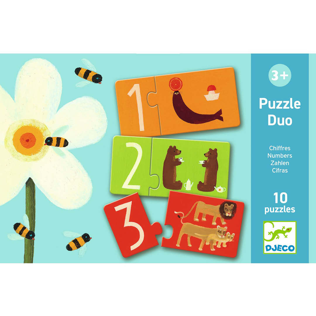 Vooraanzicht van de Djeco puzzel duo nummers verpakking met een bloem, bijen en de puzzelstukken voor de nummers 1, 2 en 3.
