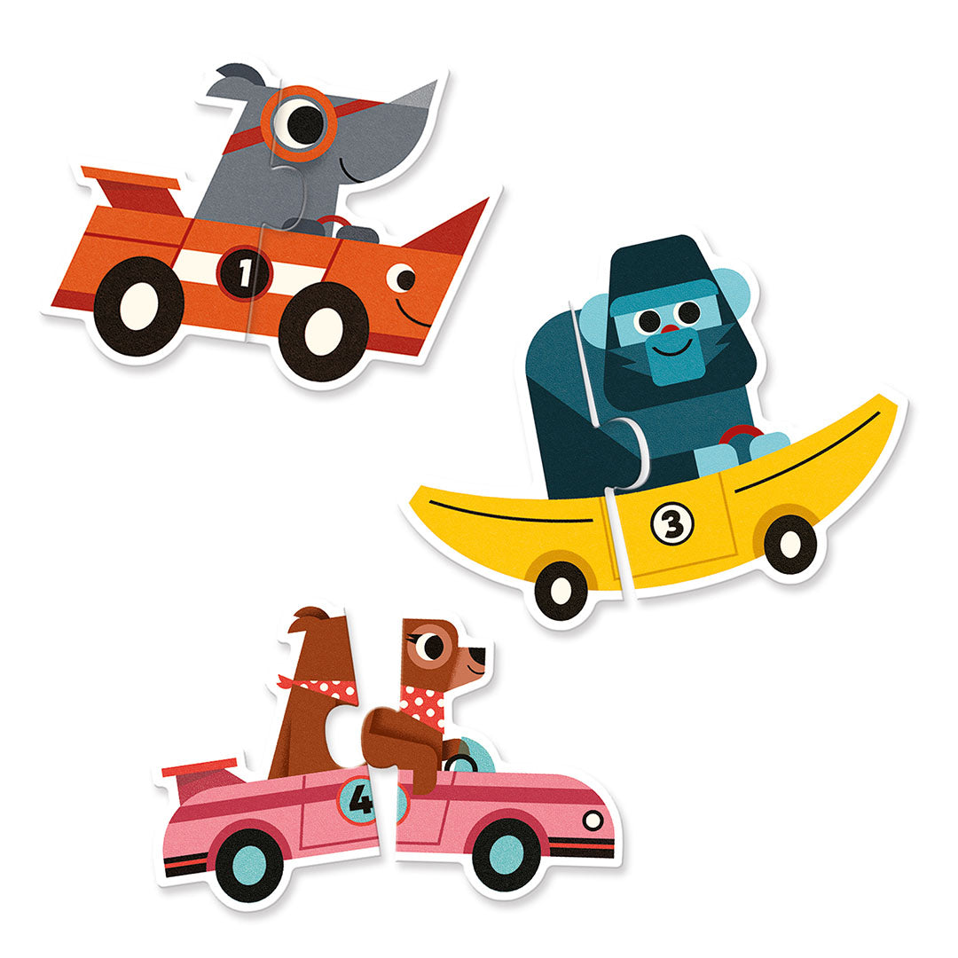 Drie Djeco puzzelstukken van dieren in racewagens, waaronder een neushoorn, gorilla en twee honden.