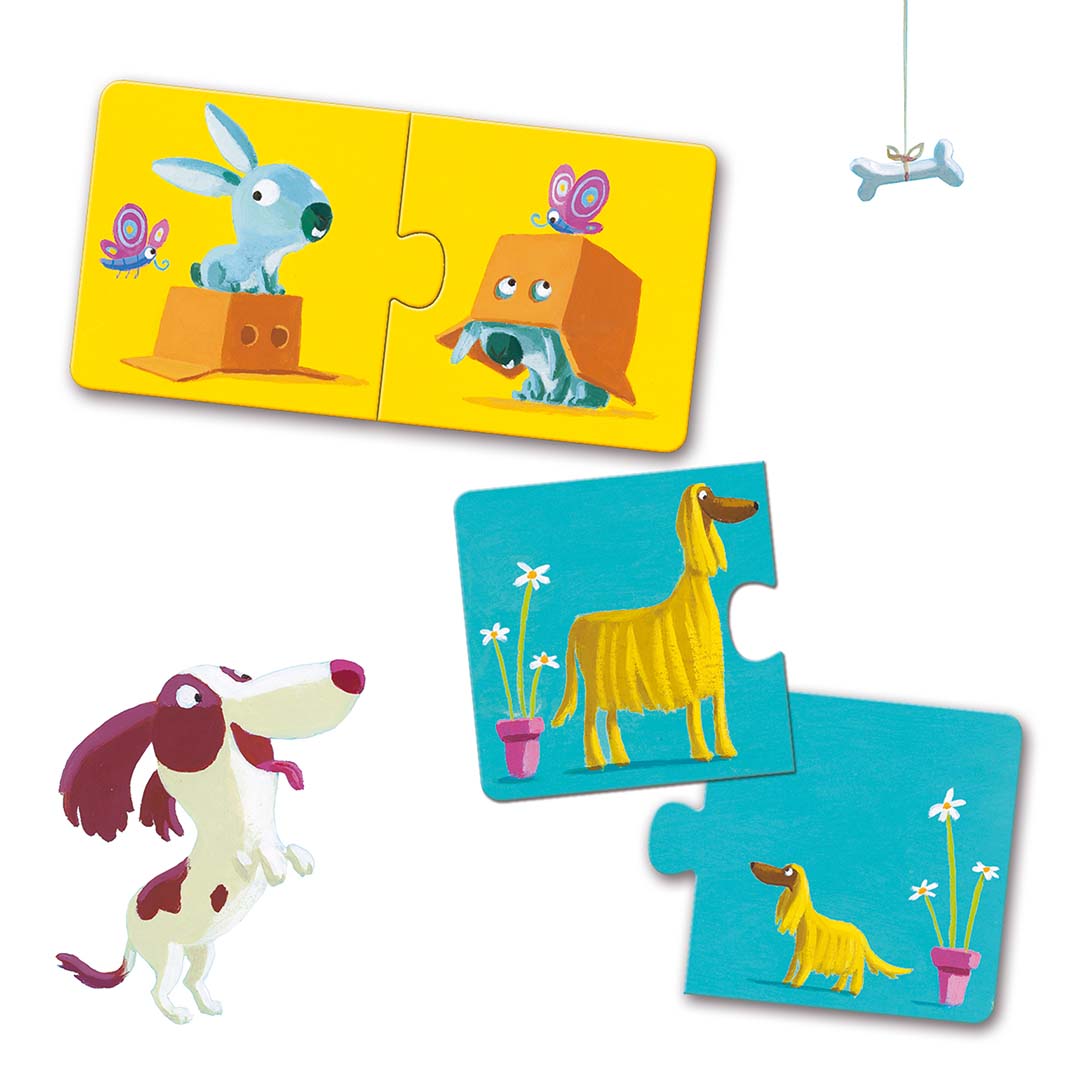 Twee Djeco Puzzle Duo puzzels met dieren die tegenstellingen uitbeelden, zoals een konijn in en onder een doos.