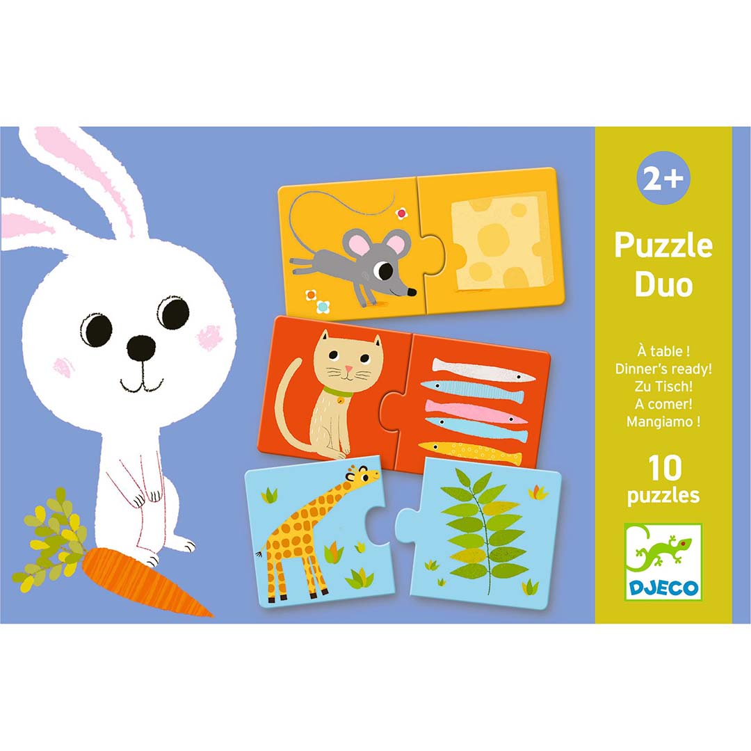 Vooraanzicht van de Djeco Puzzel Duo verpakking met een konijn en voorbeelden van dierenpuzzels.