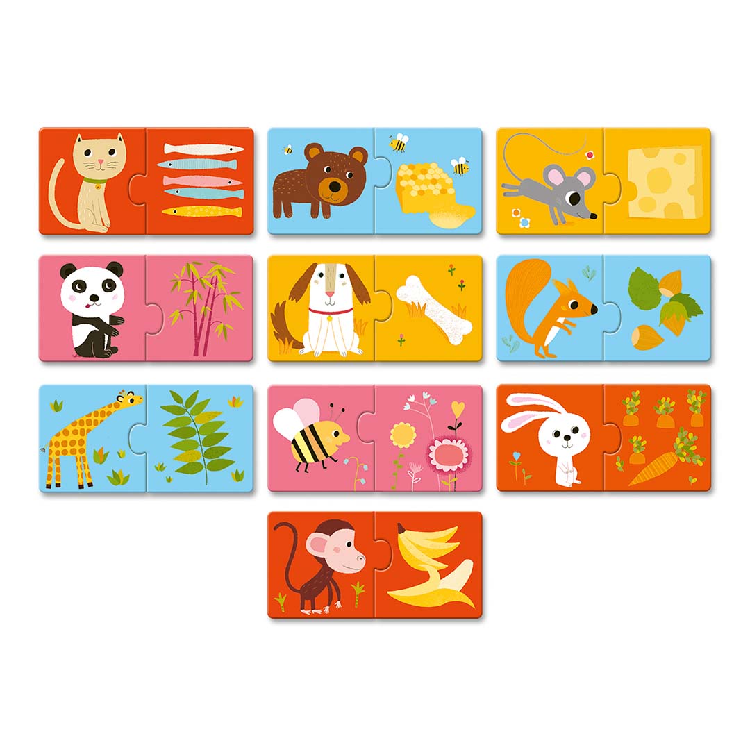 Tien Djeco duo legpuzzels met dieren en hun voedsel of omgeving, zoals een kat met vis en een muis met kaas.