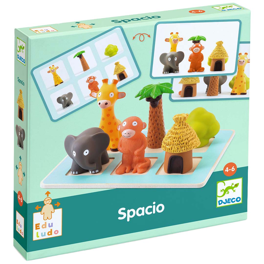 De verpakking van het Djeco educatieve bordspel Spacio met safari dierenfiguren.
