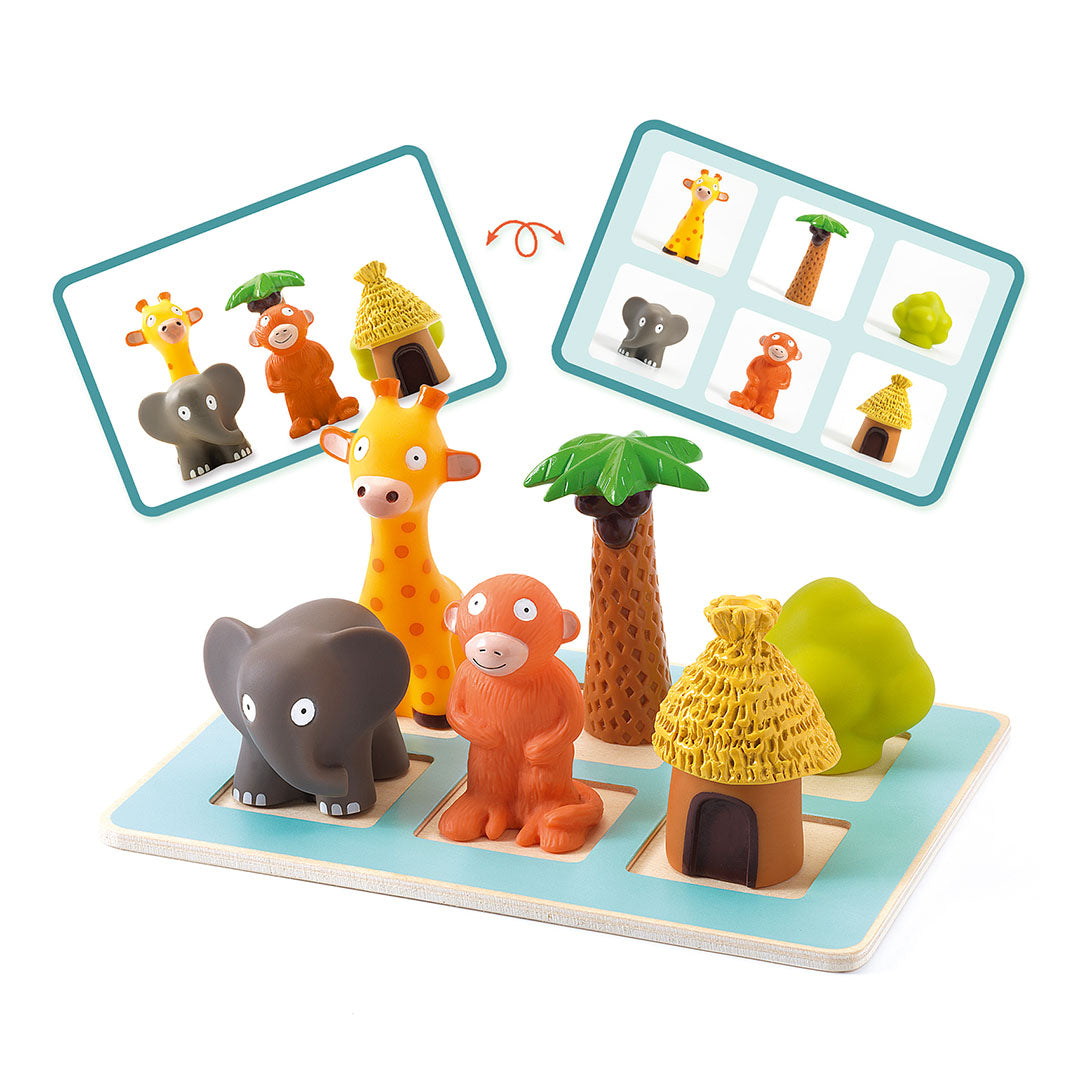 Djeco educatief bordspel Spacio met safari dierenfiguren en kaarten voor het leren van voorzetsels.