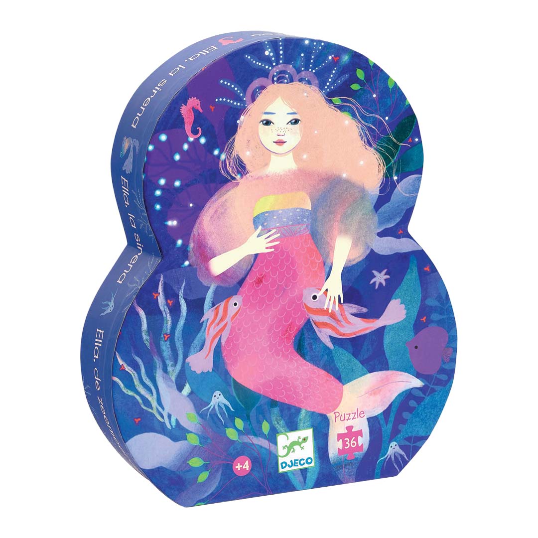 Djeco puzzelverpakking in de vorm van een zeemeermin met een illustratie van een zeemeermin in een onderwaterwereld.