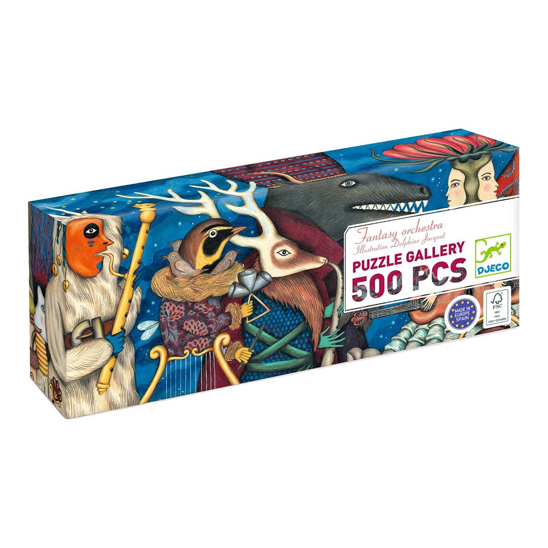 Djeco legpuzzel 'Fantasy Orchestra' van 500 stukjes, de verpakking schuin gefotografeerd.