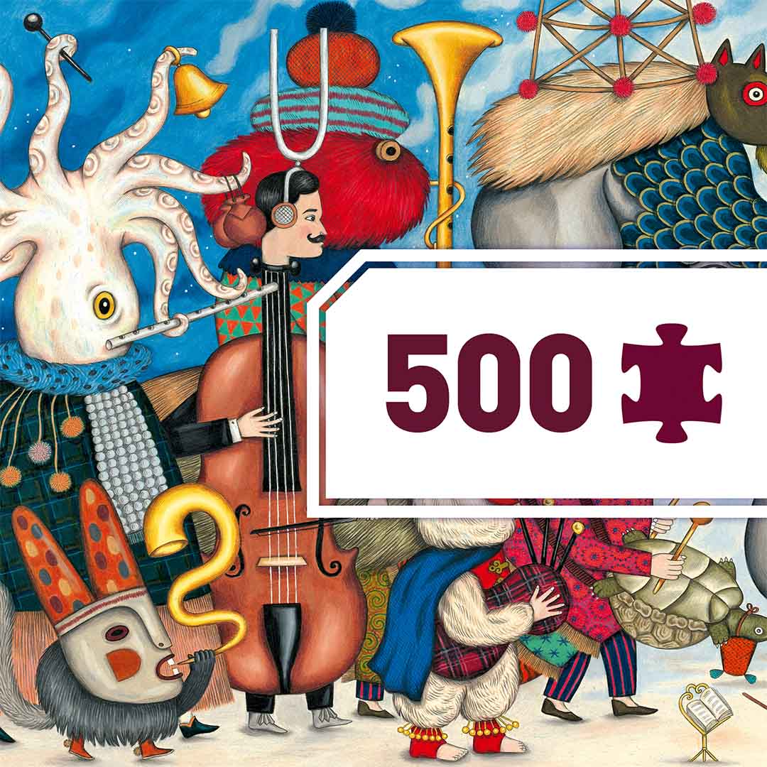 Infographic van de Djeco legpuzzel 'Fantasy Orchestra' met een deel van de afbeelding en een witte overlay die '500' en een puzzelstukje toont.