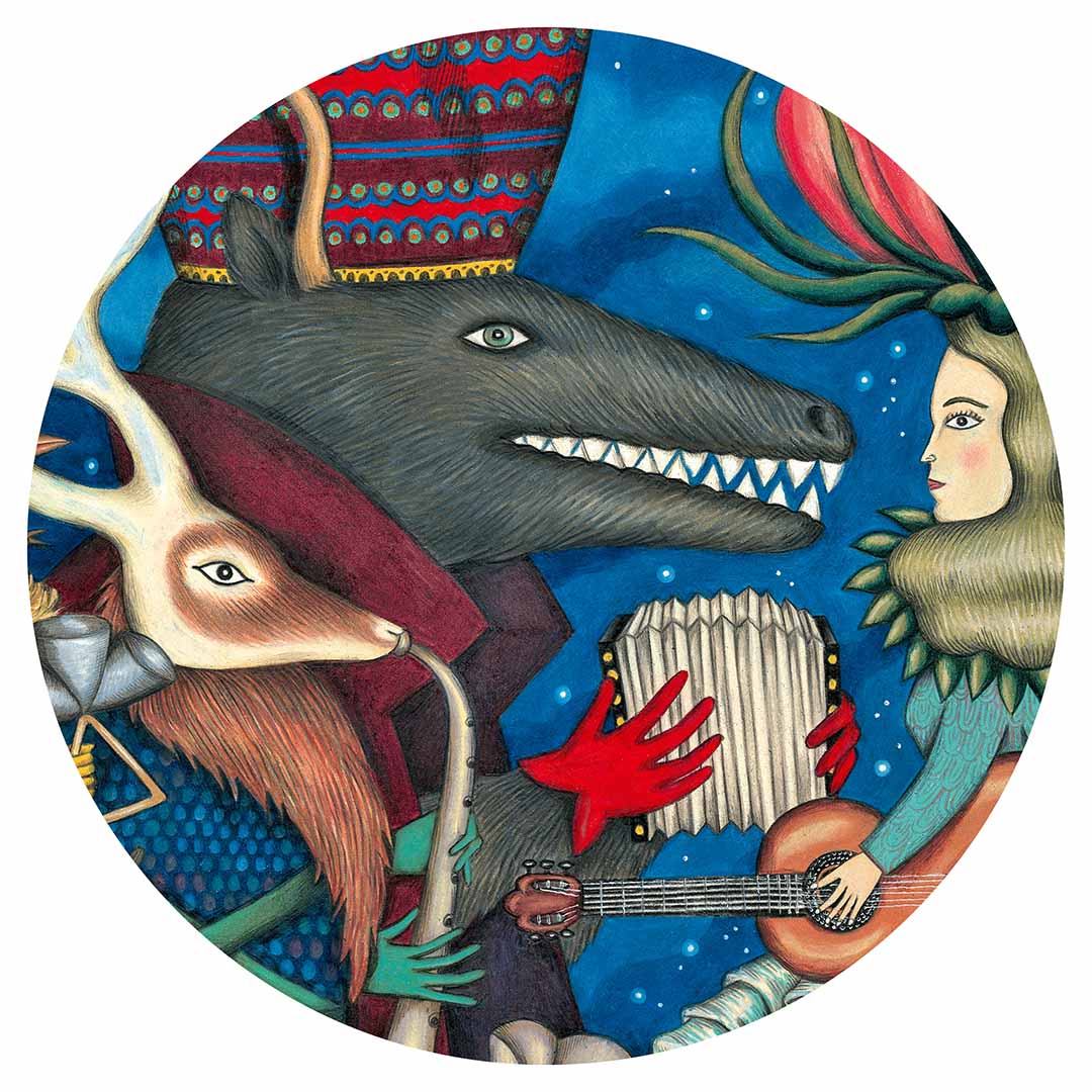 Detail van de Djeco legpuzzel 'Fantasy Orchestra' met een wolf, een hert en een menselijk figuur die samen muziek maken.