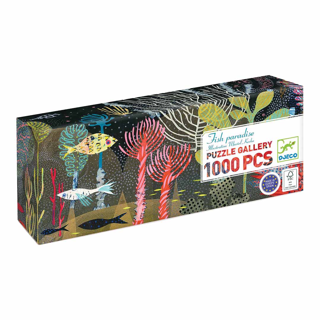 Djeco legpuzzel Fish Paradise van 1000 stukjes, met een onderwaterwereld van vissen en koraal, op de verpakking.