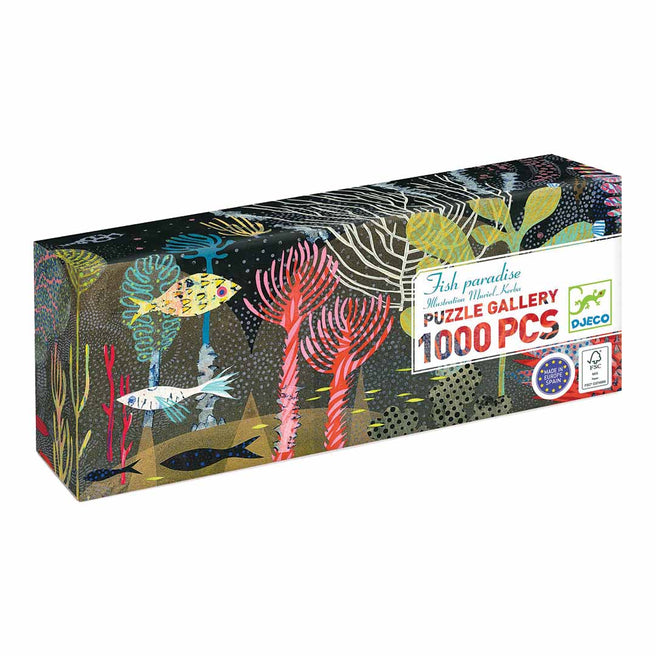 Djeco legpuzzel Fish Paradise van 1000 stukjes, met een onderwaterwereld van vissen en koraal, op de verpakking.