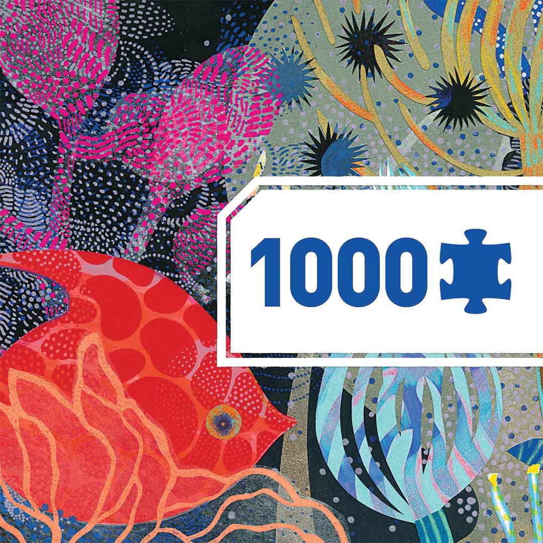 Close-up van de legpuzzelafbeelding met een rode vis en koraal, en een icoon dat het aantal van 1000 stukjes aangeeft.