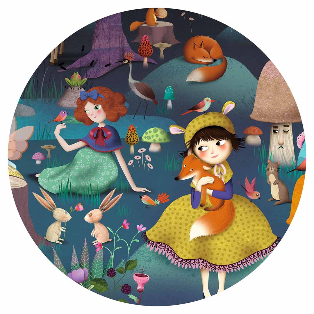 Detail van de Djeco legpuzzel met twee meisjes, een vos, konijnen en vogels in een betoverd bos.