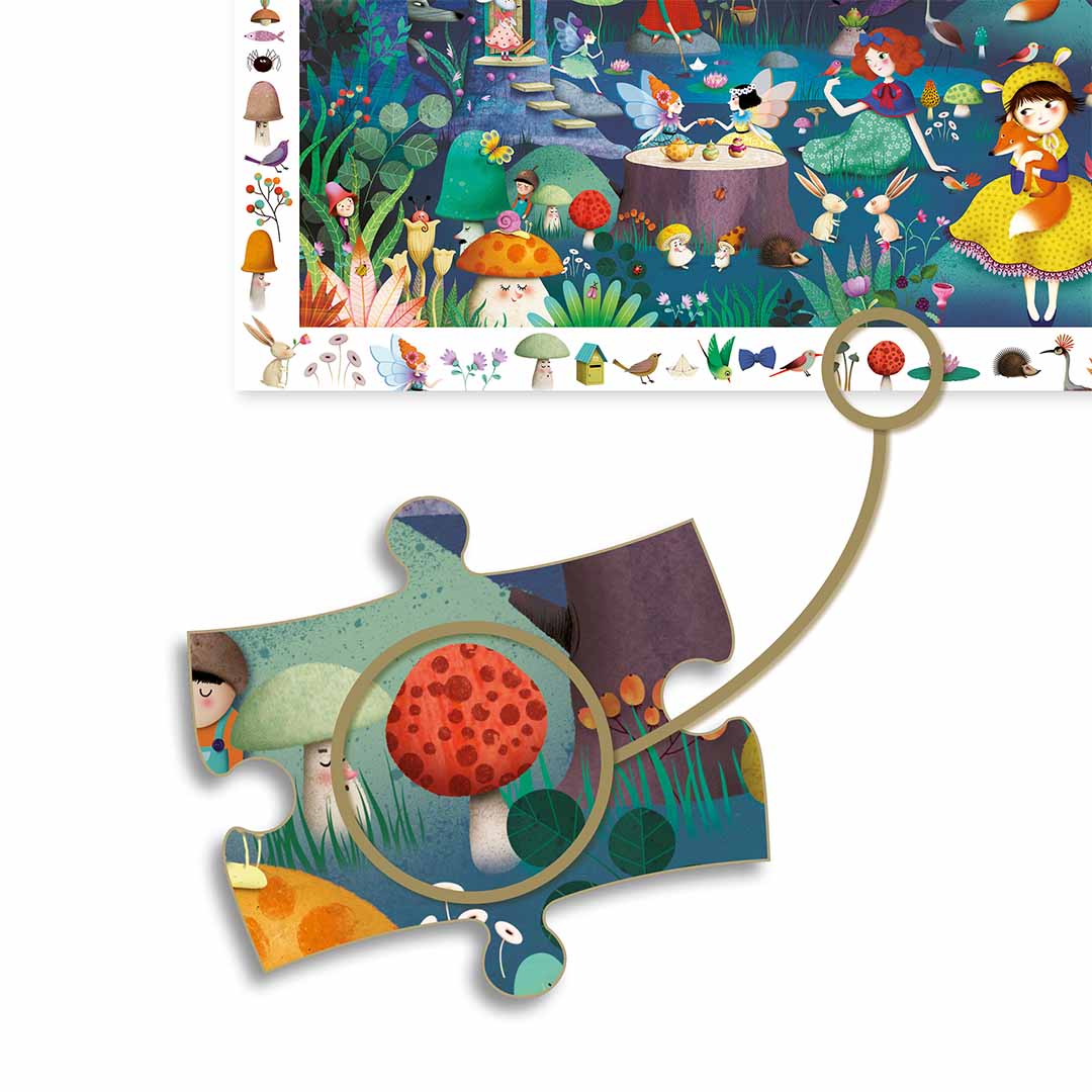 Detail van een Djeco legpuzzelstukje met een rode paddenstoel, passend bij een element in de rand van de puzzel.