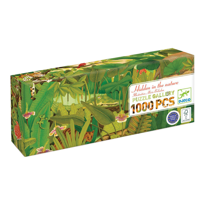 Djeco puzzelverpakking met een jungletafereel van verborgen dieren en 1000 stukjes.