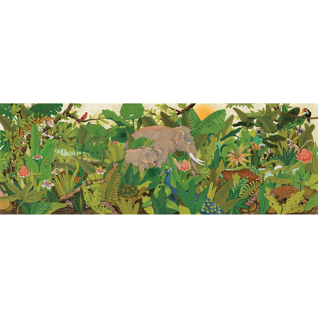 Volledige legpuzzel met een panoramisch junglelandschap vol olifanten, een pauw en andere dieren tussen groene bladeren.