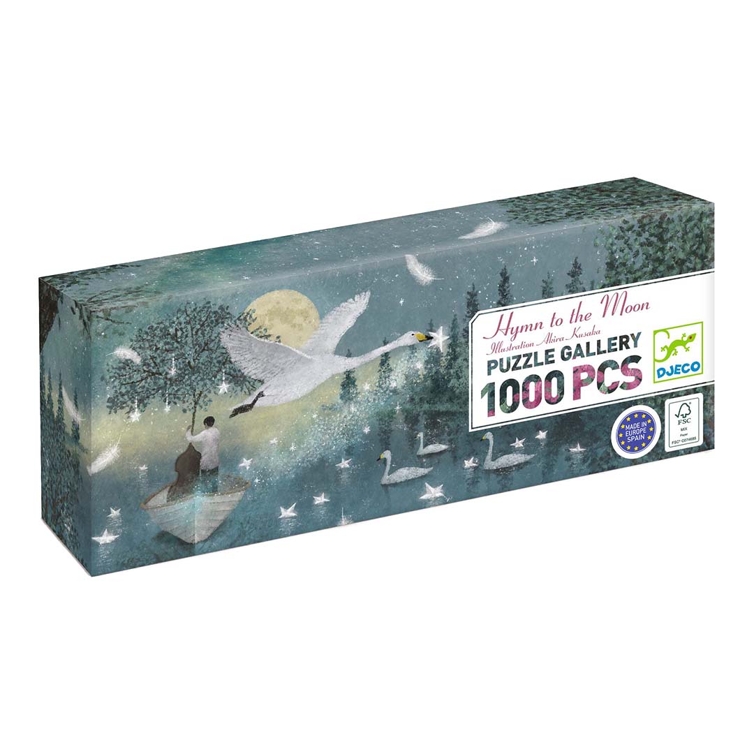 Djeco legpuzzel 'Hymn to the Moon' verpakking met een illustratie van een nachtelijk meer met zwanen en een persoon in een bootje.
