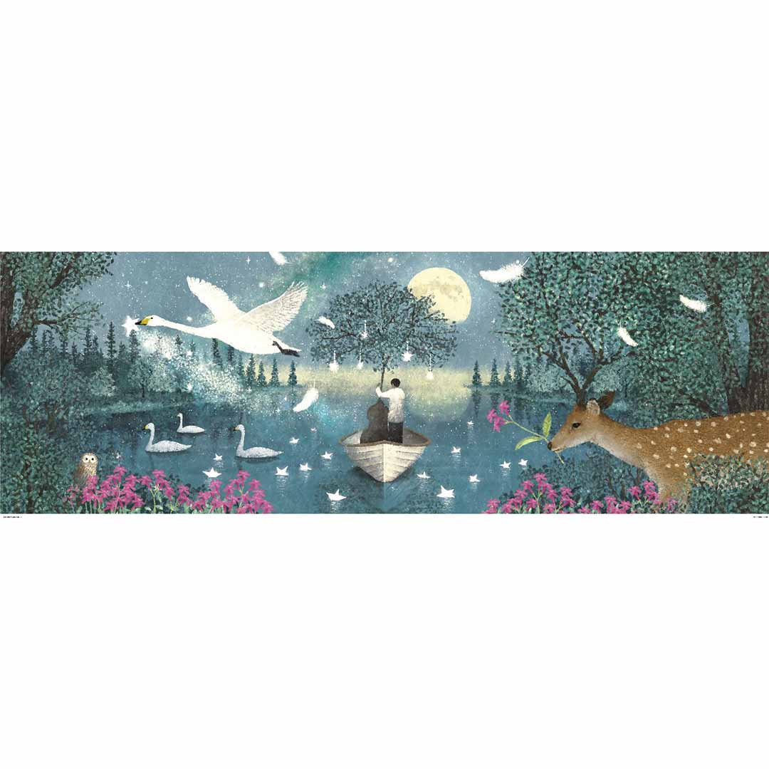 De complete Djeco legpuzzel 'Hymn to the Moon' met een droomwereld van een nachtelijk meer, zwanen, een persoon in een bootje en een hert.