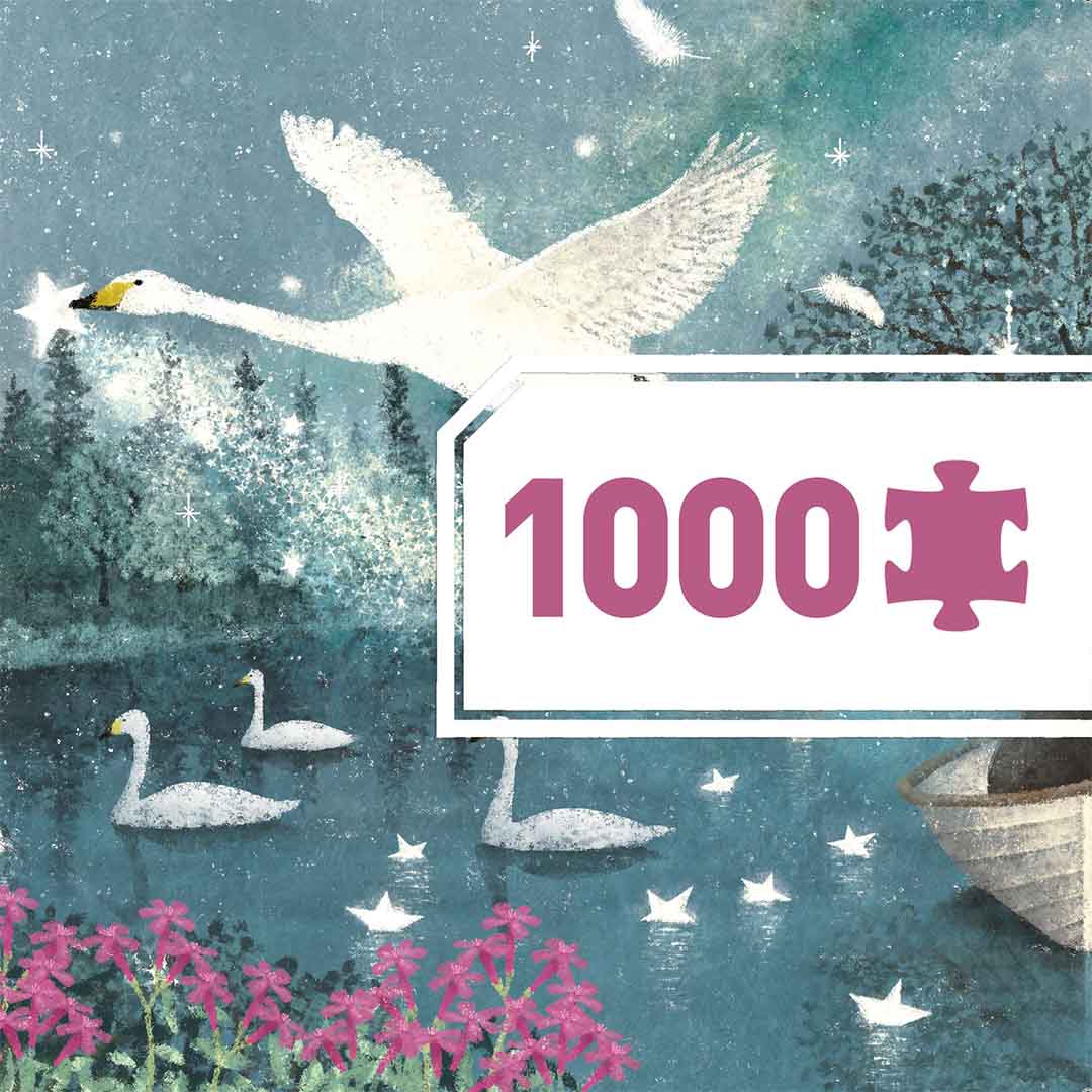 Detail van de legpuzzel 'Hymn to the Moon' met een vliegende zwaan, bloemen en de tekst '1000' stukjes.