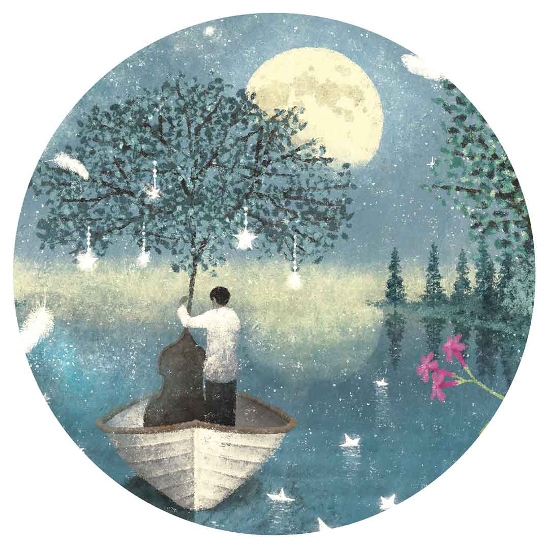 Rond detail van de legpuzzel 'Hymn to the Moon' met een persoon in een bootje die een boom vasthoudt onder een volle maan.