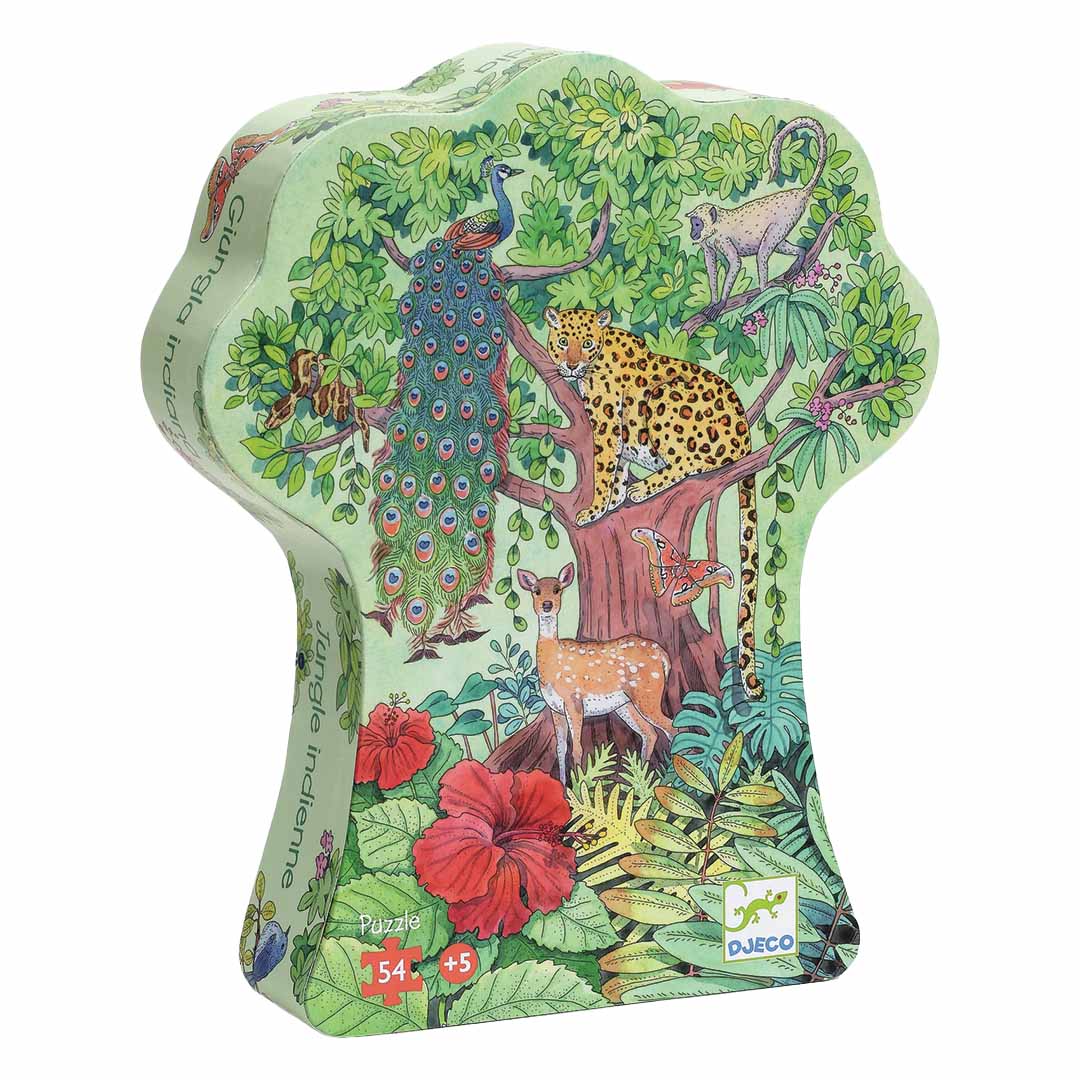 Djeco puzzelverpakking in de vorm van een boom met een illustratie van jungle dieren.