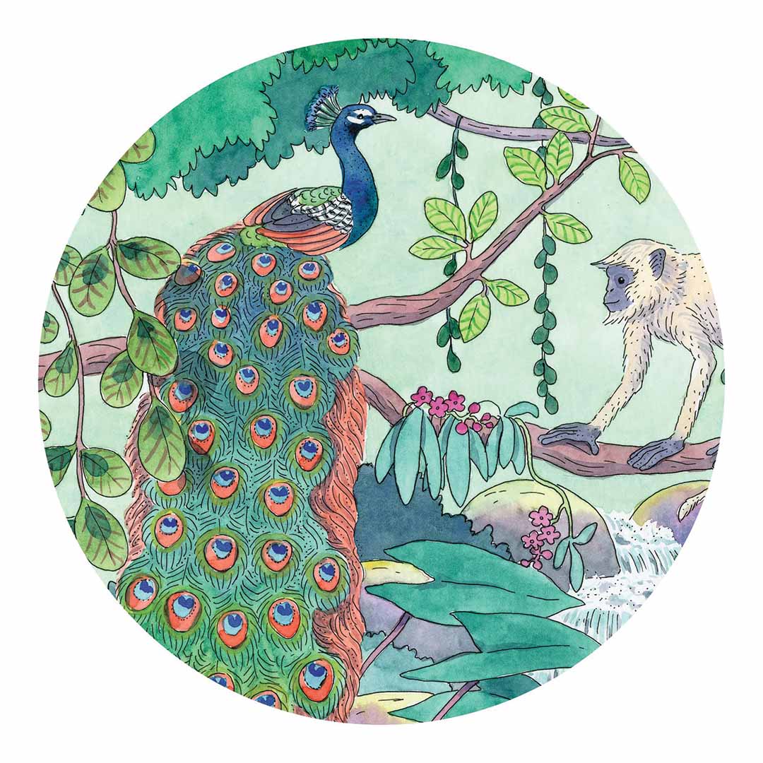 Detail van de legpuzzel met een pauw en een aap in de Indiase jungle.