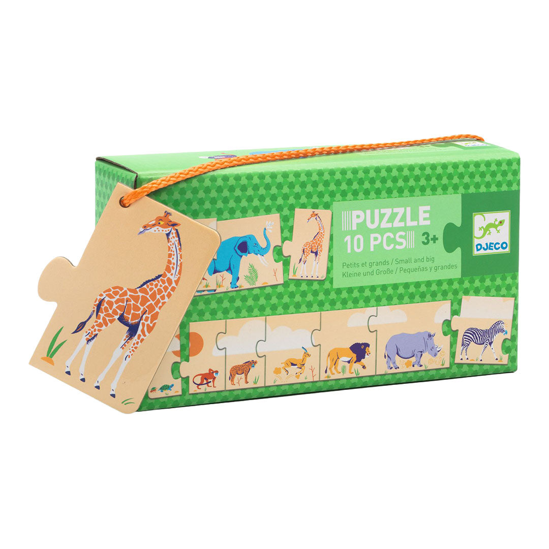 Djeco legpuzzel 'klein en groot' met safari dieren, deels uit de verpakking.