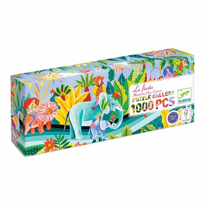 Djeco puzzelverpakking van de 'La Fiesta' legpuzzel met een kleurrijke jungle-illustratie.